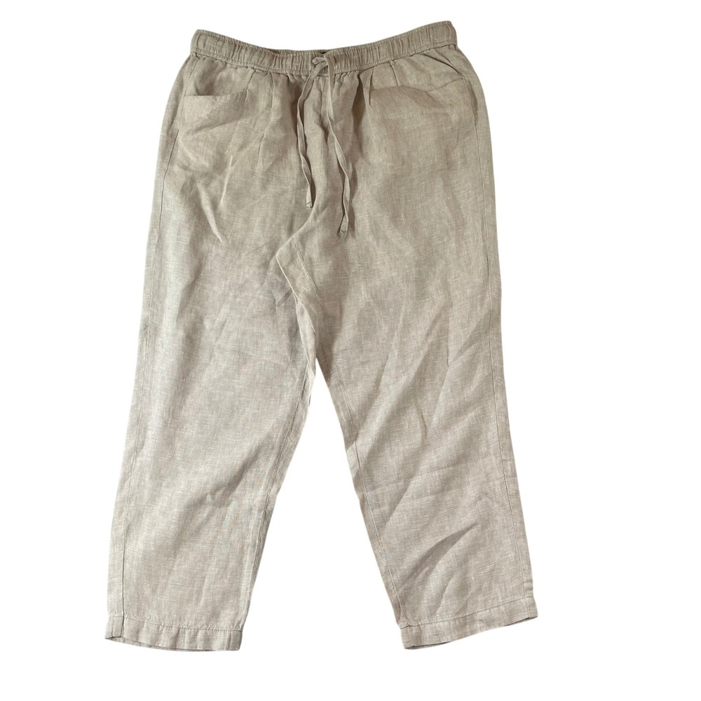 Talbots Linen Pull On Pants Women Large Beige Drawstring Elastic Waist Cropped